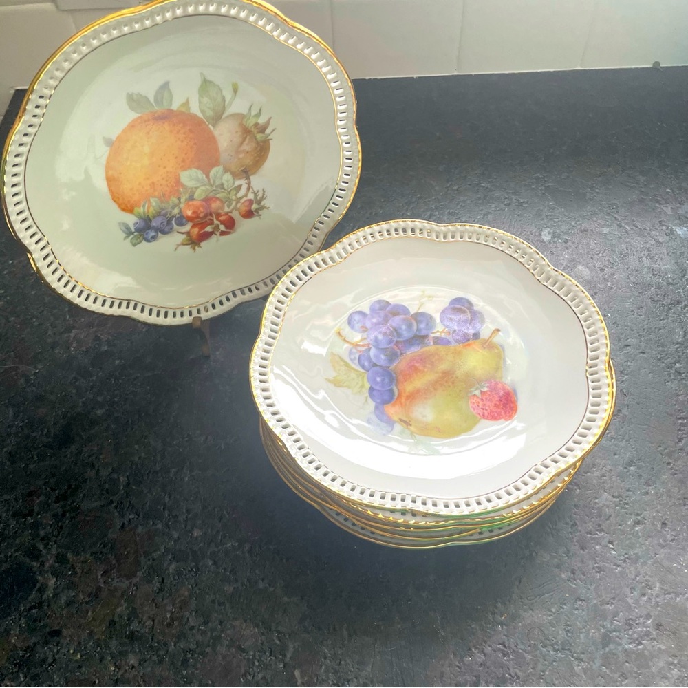 Vintage Schumann Arzberg Germany porcelain plates reticulated edge and gold trim